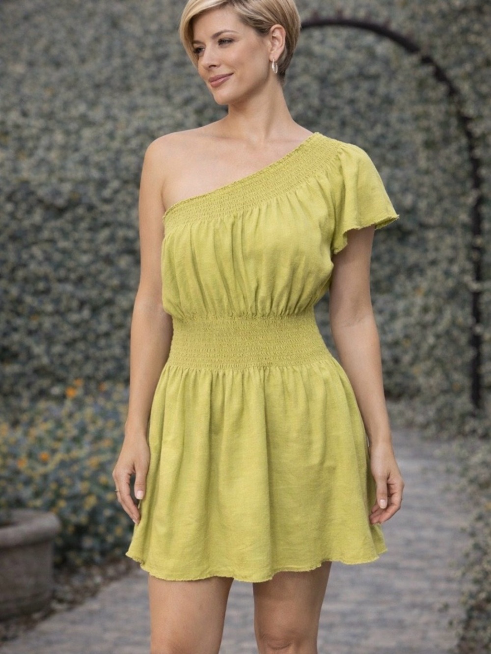Free People Raw Hem One-Shoulder Lime Green Smocked Waist Dress